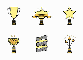 Reward line icons. A set of winner's medals, Victory Cup, stars, crown, diamond and winner's ribbons. Linear vector symbols for the image of the award, certificate, winning, receiving a prize, success