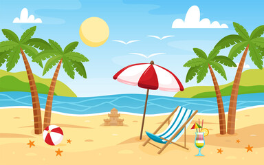 Fototapeta na wymiar Deck chair and beach umbrella on the sand coast. Beach landscape. Sea background. Colorful summer design. Blank for postcards and banners. Illustration in flat style