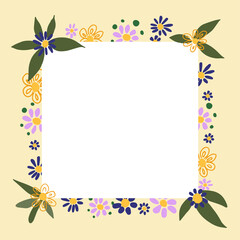 Frame border design with cute flowers and leaves. Greeting card template. vector hand drawn doodle illustration