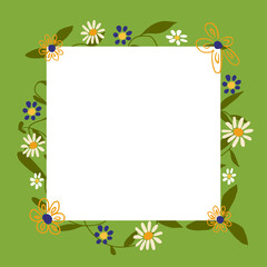 Frame border design with cute flowers and leaves. Greeting card template. vector hand drawn doodle illustration