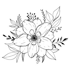 Flowers blossom. Vector isolated pattern. The flowers are black and white. Sketch style.