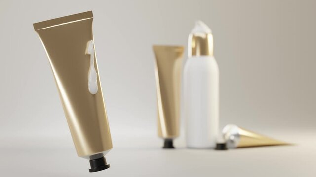 Gold metal tube beauty product face cream or hands with flowing liquid. Cosmetic pump bottle for cleansing skin on beige background, mockup open packaging. Realistic 3d animation ad design premium.