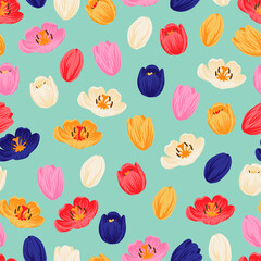 Seamless floral pattern red, yellow, purple, pink tulips and green leaves. Spring flowers background for wrapping, textile, wallpaper, scrapbook, Easter, Happy Mothers, Womens Day. Flat cartoon design