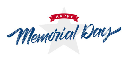 Vector illustration: Calligraphic lettering of Happy Memorial Day with star and ribbon on white background