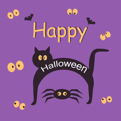 Halloween party card template. Abstract helloween black cat and spider for greeting card design, party invitation, menu, poster etc. Vector illustration