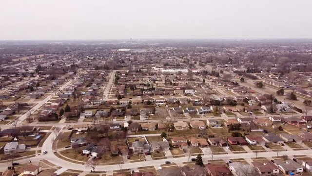 Skyline Of Houses In Sterling Heights, Michigan Under Clear Sky. aerial