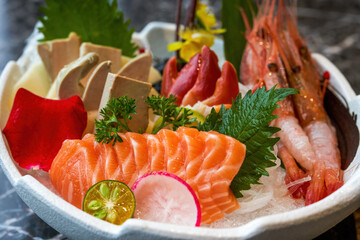 A delicious Japanese dish, salmon and foie gras sashimi platter