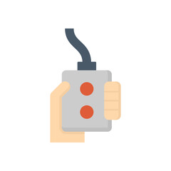 Obraz premium Remote control vector icon. Include hand of operator, button, cable. For control, operate, adjust industrial machine i.e. electric lifting hoist trolley of overhead crane, winch, roller shutter, door.