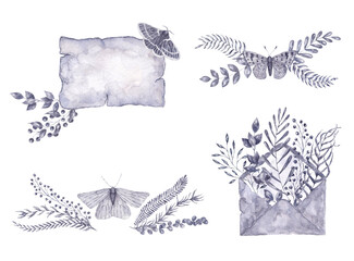 Watercolor set of decorative compositions. Monochrome elegant illustrations with herbs, moth, old paper.