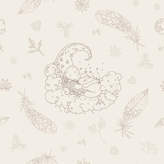 Seamless vector pattern - retro Boho style in outlines. Dreamy Moon-Girl with Cat in the Clouds. Stars, clouds, leaves, feathers, and moth.  Illustration with children's mood, hand-drawing.