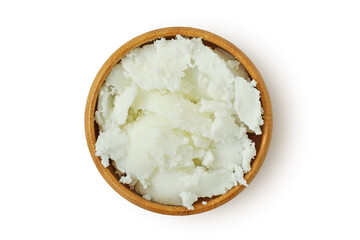 Karité Shea Butter in wooden bowl on white background