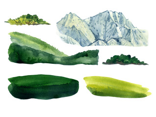 Clip art mountain landscape. Mountains, sky, green glade with watercolors.