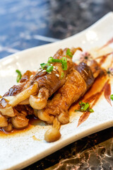 A delicious Japanese dish, Beef Roll with Enoki Mushroom