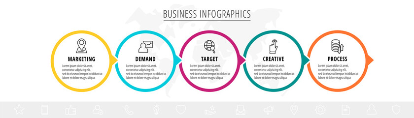 Vector infographics five circles with arrows. Line business concept of 5 steps, options. Infographic template for diagram, web, banner, presentations, flowchart, content, levels, chart