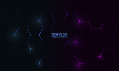 Dark hexagonal technology abstract vector background with blue and pink colored bright flashes under hexagon. Hexagonal gaming vector abstract background. © Biod
