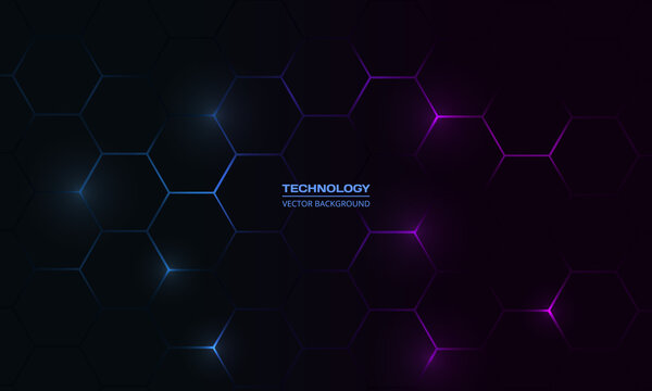 Dark hexagonal technology abstract vector background with blue and pink colored bright flashes under hexagon. Hexagonal gaming vector abstract background.