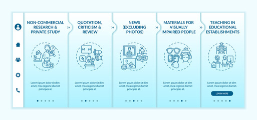 Special cases to copyright onboarding vector template. Responsive mobile website with icons. Web page walkthrough 5 step screens. Materials for blind people color concept with linear illustrations