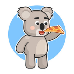 Cute koala bear eat pizza pie. Koala eat fast food logo. Modern vector illustration