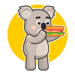 Cute koala bear eat hamburger. Koala eat fast food logo. Modern vector illustration
