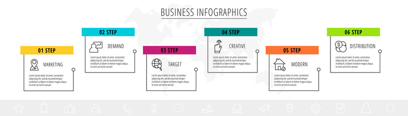 Vector line infographic template label for six colorful rectangle labels. Business concept with 6 elements and icons. Modern blank space for chart, content, step for step, timeline, diagram, web