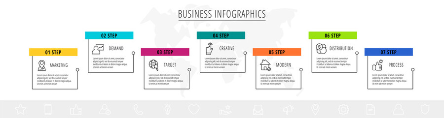 Vector line infographic template label for seven colorful rectangle labels. Business concept with 6 elements and icons. Modern blank space for chart, content, step for step, timeline, diagram, web