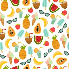summer seamless pattern with cartoon sunglasses, ice cream, banana, pineapple, papaya, strawberry,decor elements. colorful vector, flat style. design for fabric, textile, print, wrapper.