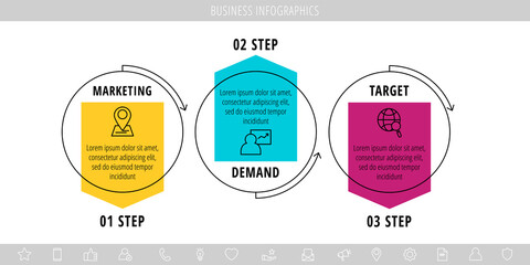 Vector infographics three circles with arrows. Line business concept of 3 steps, options. Infographic template for diagram, web, banner, presentations, flowchart, content, levels, chart