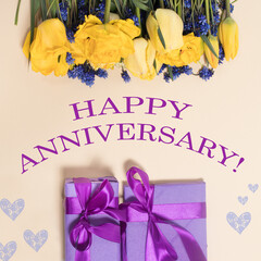 Square card with the inscription Happy Anniversary on a background of yellow flowers and purple...