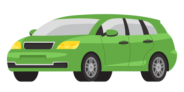 Minivan three quarter view. Green automobile in cartoon style.