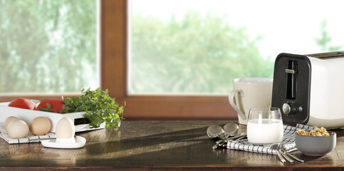 White toaster on table and free space for your decoration 