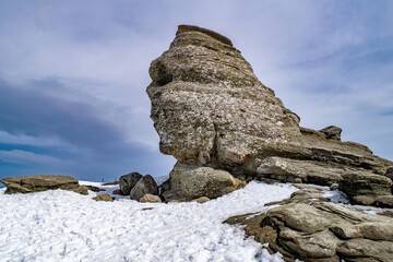 Romanian Sphinx in winter, natural rock formation