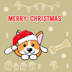 Cute corgi dog lies smiling christmas corgi dog wearing santa claus hat with inscription, happy christmas cartoon illustration. on an isolated background.