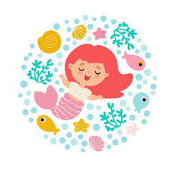 Cute mermaid in cartoon style decorated with fish and shells. Vector illustration in a circle