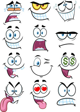 Cartoon Funny Faces. Vector Collection Set Isolated On White Background