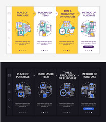 Shopper behavior patterns onboarding vector template. Responsive mobile website with icons. Web page walkthrough 4 step screens. Payment methods night and day mode concept with linear illustrations