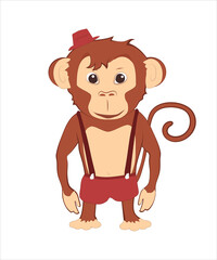 Cute monkey from circus. Dressed at shorts and small hat. Calm pose but smiling face. Flat style illustration