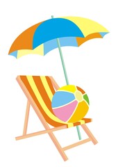 parasol, lounger and beach ball, colored vector icon on white background