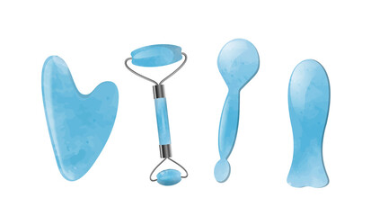 Face Massage Tools Gua Sha Scrapers and Roller. Isolated design elements on a white background. EPS10.