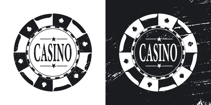 Black poker gaming chip. Casino tokens coins with playing cards symbols, hearts, spades, clubs, diamonds.