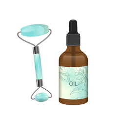 A bottle-dropper with cosmetic oil and tools for face massage Gua sha. Isolated design elements on a white background. EPS10.