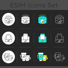 Company branding materials dark theme icons set. Uniquely created items for storing waters for tourists. Stylish caps. Linear white, solid glyph and RGB color styles. Isolated vector illustrations