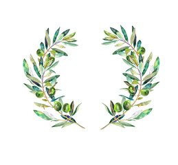 The crown of olive branches is green with olives isolated on a white background as a wreath. Watercolour. Print. Book. Postcard. Wallpaper. 