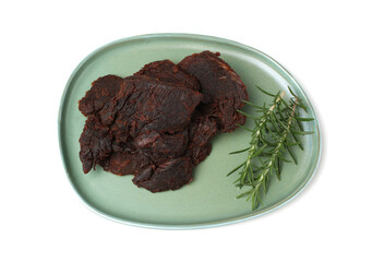 Beef jerky pieces on white background