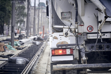 Heavy construction truck outdoors for public place reconstruction.