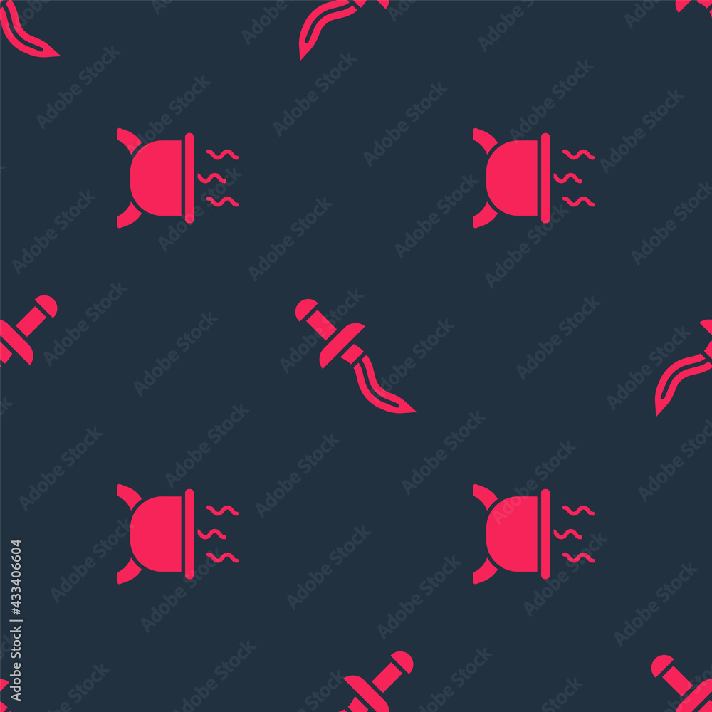 Poster set witch cauldron and dagger on seamless pattern. vector