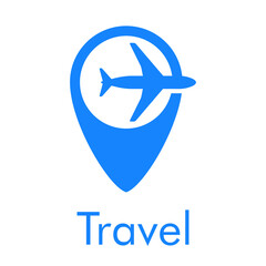 Logotipo con texto Travel y silueta de avión en marcador de posición en color azul