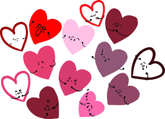 Cute set of holiday Valentines day funny cartoon character of emoji hearts