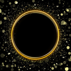 Gold circles on a black background with golden shine. Shining highlights.Abstract golden round frame. Copy space.