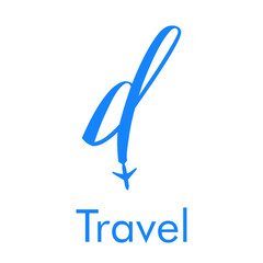 Logotipo Travel con letra d dibujada a mano con silueta de avi&oacute;n en color azul