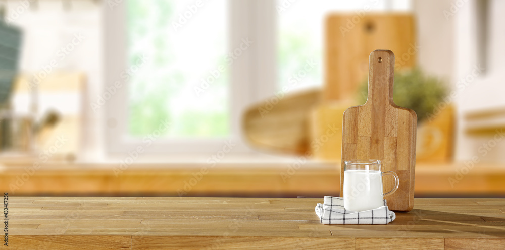 Sticker Wooden desk of free space and milk decoration. 